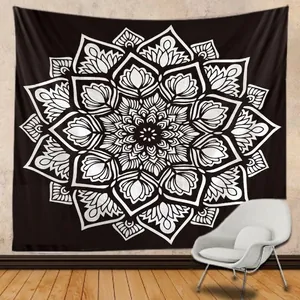 Modern black and white mandala wall tapestry with intricate geometric pattern for yoga decor