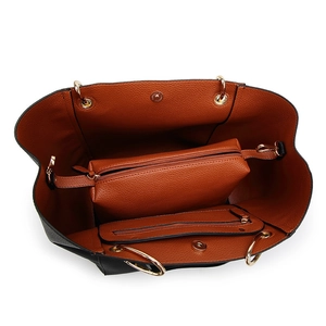 Black pebbled leather tote bag with brown interior and matching inner zipper pouch