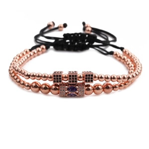 Adjustable rose gold beaded bracelets set with micro-pave cubic zirconia and black cord