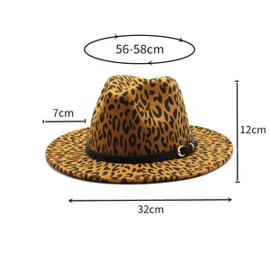 Detailed view of leopard print felt jazz hat with black leather buckle belt and dimensions