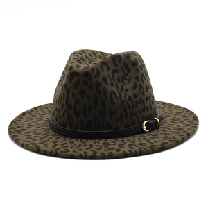 Olive green leopard print fedora with wide flat brim and gold buckle leather band