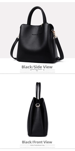 Detail showing black lychee texture leather handbag with golden Classic logo and strap