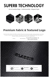 Detail showing high-quality black lychee texture leather with CLASSIC embossed logo