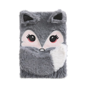 Cute plush cartoon fox notebook with soft grey faux fur cover and animal embroidery