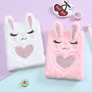 Cute plush cartoon rabbit notebooks with sequin hearts in white and pink colors