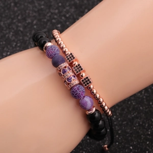 Double-layer beaded bracelet set with purple crackle beads and rose gold accents