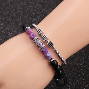 Bohemian multilayer bracelet set with purple cracked agate and micro-pave zircon charms