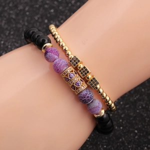 Double-layered beaded bracelet set with purple crackle agate and micro-pave cubic zirconia