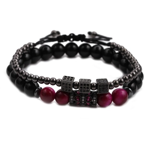 8mm tiger eye stone and cubic zirconia cube beaded bracelet set with adjustable cord