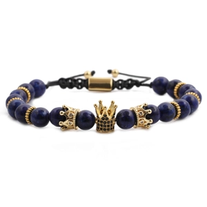 Herren Armband aus Lapislazuli Perlen mit goldenen Kronen und verstellbarer Kordel