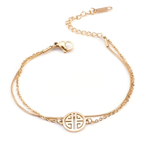 Layered Bracelet Stainless Steel Gold Plated Snake Link Chain Round Hollow Cutout Traditional Symbol Pendant Minimalist Women