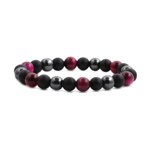 Men's 8mm hematite tiger eye beaded stretch bracelet with matte black onyx stones