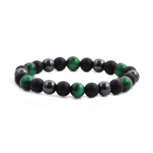 Mens 8mm black hematite and green tiger eye beaded bracelet on white background