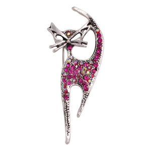 Vintage silver cat brooch with pink rhinestones, elegant animal lapel pin for women