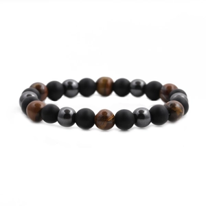 Macro view of matte black agate, hematite, and tiger eye stones beaded bracelet
