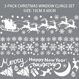 Three-style white Christmas window stickers with Santa, snowflakes, and festive text patterns
