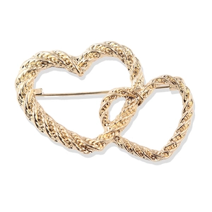 Elegant gold double interlocking heart brooch with woven texture for women's cardigans