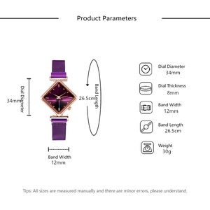Dimensions détaillées de la montre violette à cadran losange et bracelet aimanté