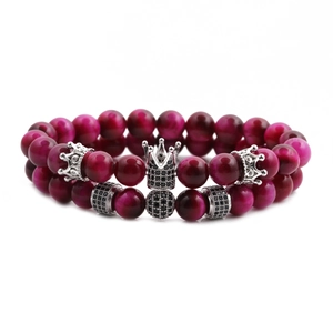 Two-piece 8mm tiger eye bead bracelet set with crown charms and zircon in wine red finish