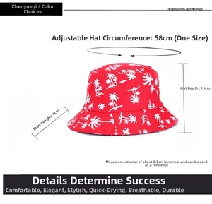Size chart for red bucket hat with white palm tree prints and adjustable circumference