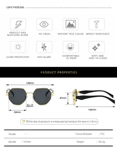 Detailed size chart for polygon sunglasses with precise frame and lens measurements