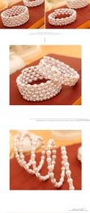 Detailed view of multi-layer spiral pearl bracelet with sparkling crystal embellishments