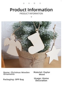 Rustic poplar wood Christmas ornaments with angel, star, and sock shapes on tree