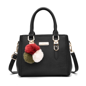 Women Pebbled PU Leather Handbag Large Capacity Retro Fashion Top Handle Shoulder Bag With Fur Ball Artificial Pearl Pendant