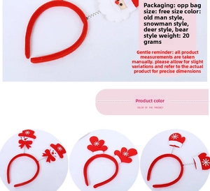 Detail view of 20g Christmas headbands showing Santa, snowman, and deer designs in OPP bag