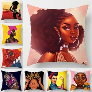 Detail of Christmas pillow cover with African ethnic art prints and twill fabric texture