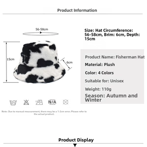 Detailed chart showing cow print bucket hat size and winter care instructions