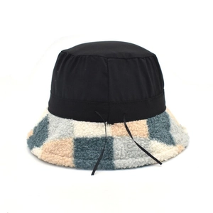 Winter lamb wool bucket hat for adults featuring a stylish checkered plush brim design