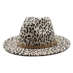 Classic leopard print wool fedora hat with a thin brown leather belt and gold buckle