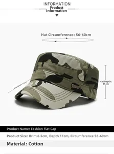 Detail of camouflage flat top cotton military cap showing visor and side metal logo