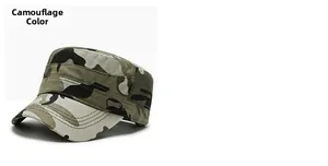 Detail of a camouflage flat top army cap with durable canvas texture and metal side plaque