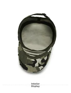 Interior view showing the soft lining, sweatband and adjustable metal buckle of camouflage cap
