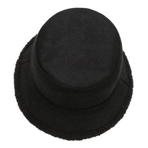 Classic black bucket hat with plush lamb wool trim and minimalist twill fabric design