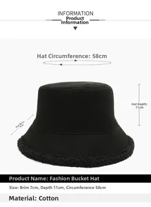 Detailed dimensions of the black cotton bucket hat showing brim width and cap depth