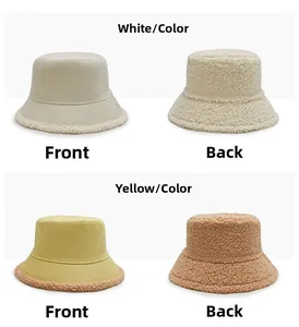 Dual-sided lamb wool bucket hat shown in white and yellow with canvas inner lining