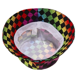 Rainbow checkerboard bucket hat with colorful grid pattern and polyester lining