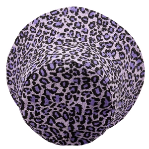 Top view of bucket hat featuring purple leopard print on high-quality canvas fabric