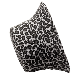 Detail shot of the stitch craftsmanship and grey leopard print pattern on the bucket hat