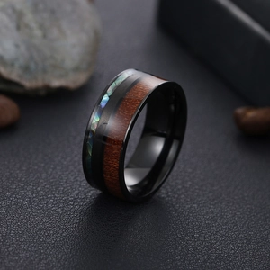 9mm black titanium ring for men with koa wood and abalone shell inlay on leather