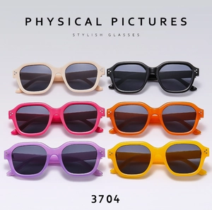 Matrix display of stylish square sunglasses with silver stud rivets in six vibrant colors