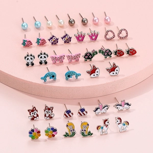 Set of 20 pairs of colorful animal and fruit stud earrings for children in various designs