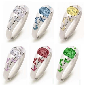 Detail showing six butterfly rings with colorful stones in white blue yellow pink red green
