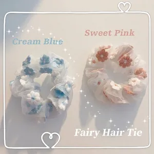 Embroidered Flower Organza Scrunchies Sweet Floral Mesh Hair Ties Korean Style Elastic Hair Bands For Women Girls