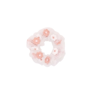 Minimalist organza hair scrunchie with pink floral embroidery on white mesh fabric