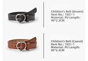Detail of PU leather children belts with silver heart buckles and hollow heart cutouts