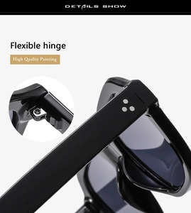 Macro detail of high-quality flexible hinge and triple rivets on black square sunglasses